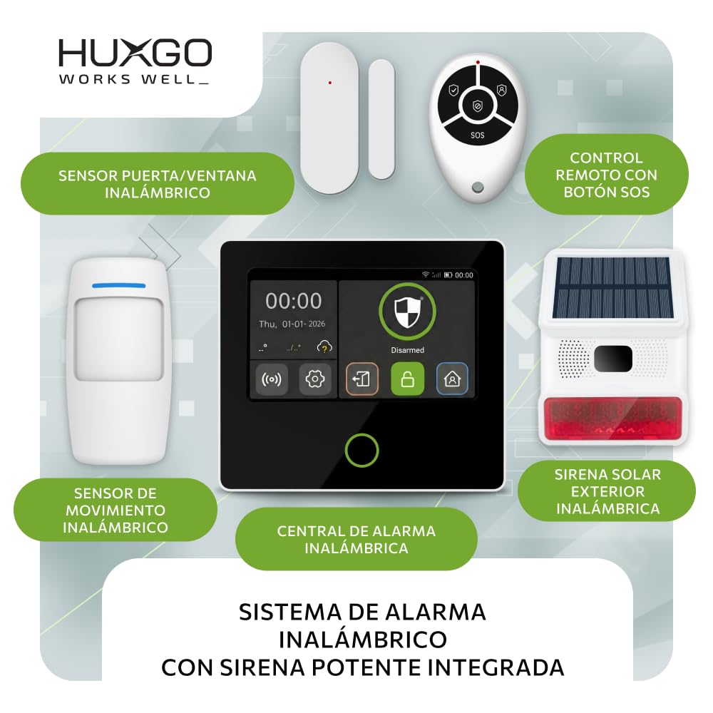 HXA502 Sistema de Alarma para casa WiFi + gsm 4G con Sirena Exterior Solar | Kit inalámbrico con 7X sensores PIR Movimiento y 1x Sensor Puerta/Ventana | Notificaciones por SMS y aplicación