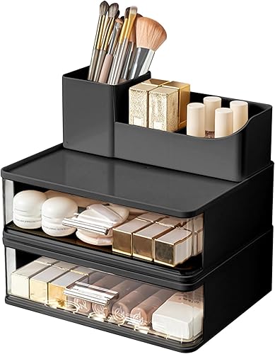 DASITON Organizador de maquillaje para tocador con 2 cajones, organizador de cosméticos apilable con soporte para brochas de maquillaje, organizador