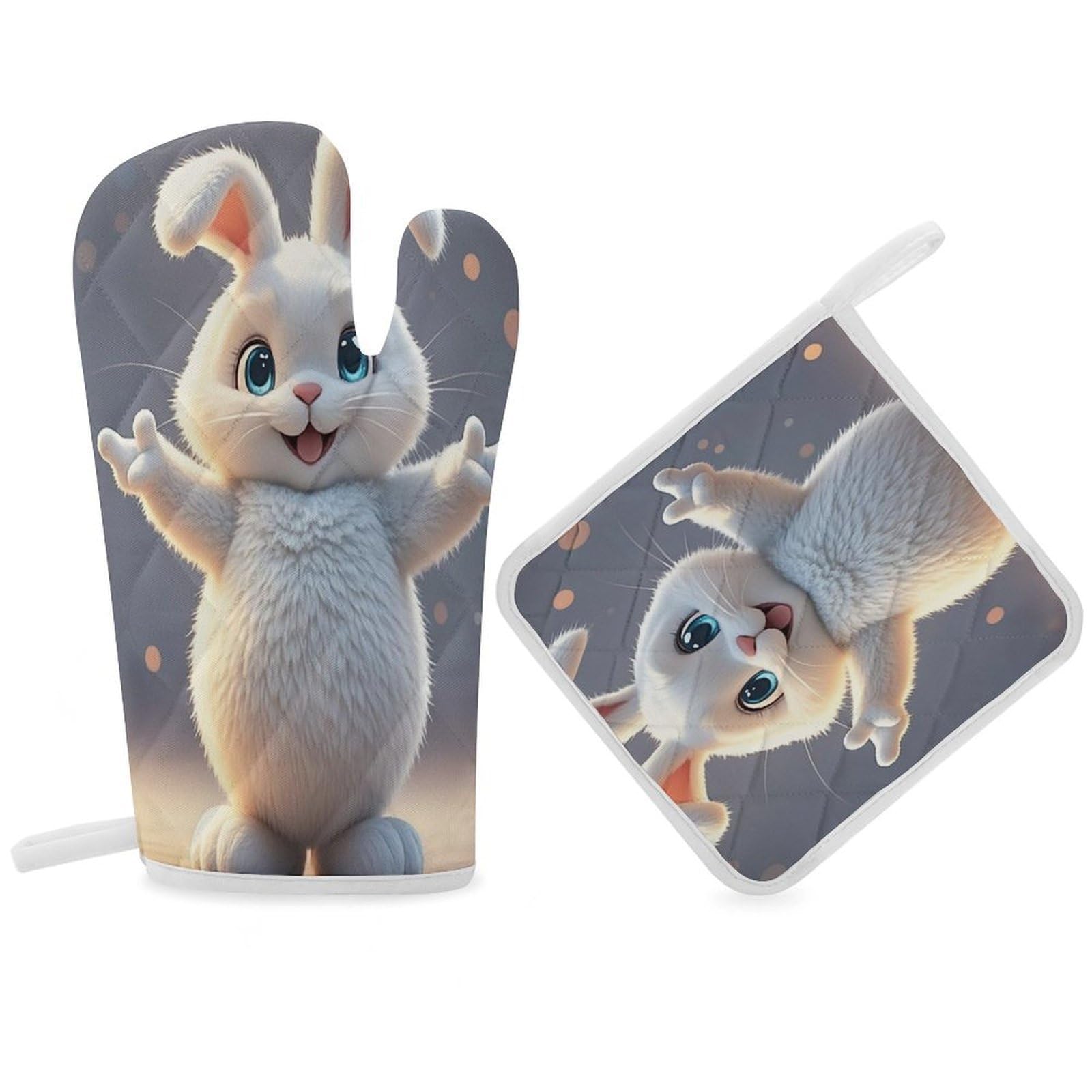 Hug Bunny Oven Mitt Gloves and Heat Insulation Pads Double-Layer Thickened Heat Insulation Mitt Temperature Oven Gloves for Cooking Baking Grilling