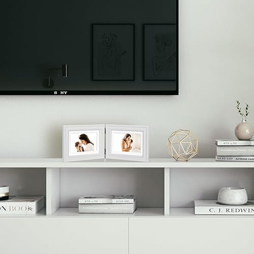 Miniatura 6 de Marco de fotos plegable de madera con bisagras horizontales de 5 x 7 pulgadas con parte delantera de cristal real en color verde azulado para mesa,