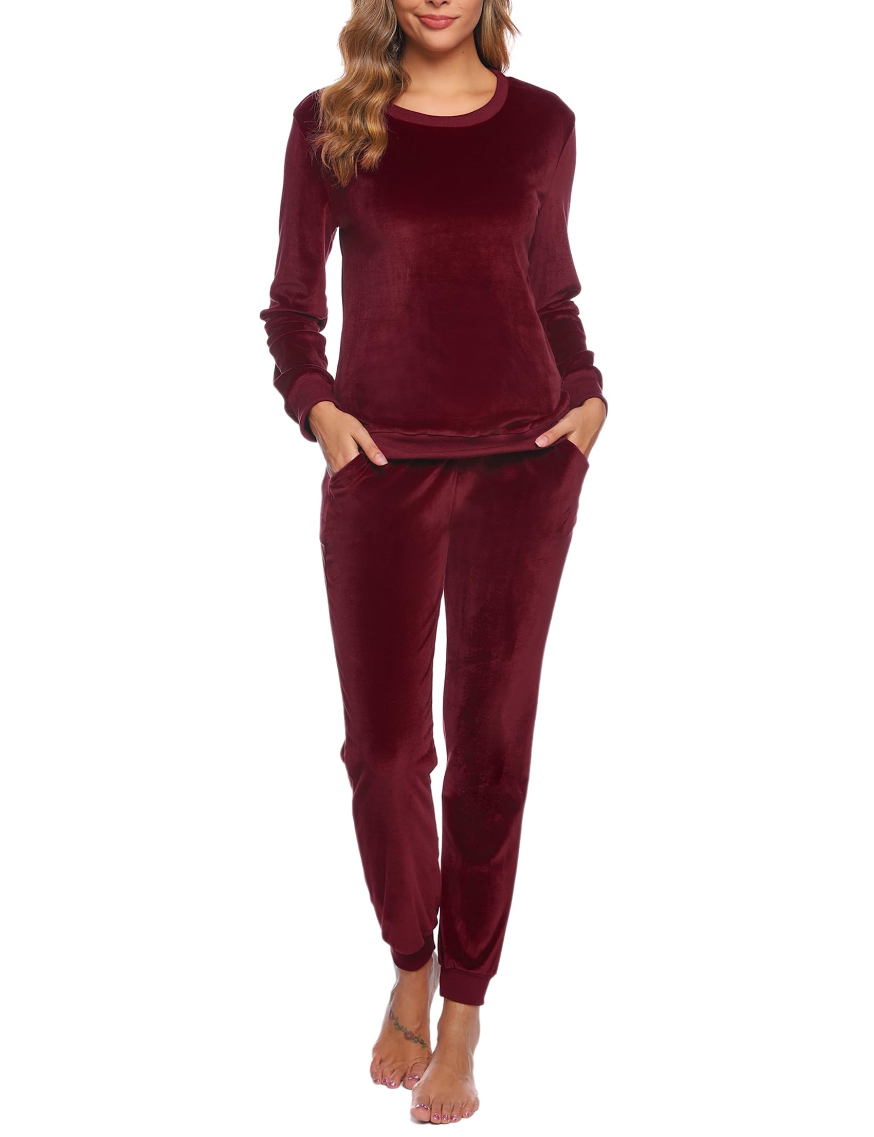 Wayleb Pigiama Donna Invernale Due Pezzi,Velluto Loungewear Tuta Casa Calda Autunno Inverno Manica Lunga Girocollo Maglia Top con Tasche e Pantaloni S-3XL