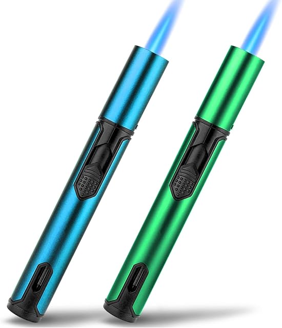 Cponmist 2 Pack Jet Torch Lighter, 6.0 inch Gas Lighter with Visible Fuel Window, Refillable Windproof Lighter Jet Flame for BBQ, Stove, Candle, Kitchen Cooker, Hobs, Green & Blue(Sold without Gas)
