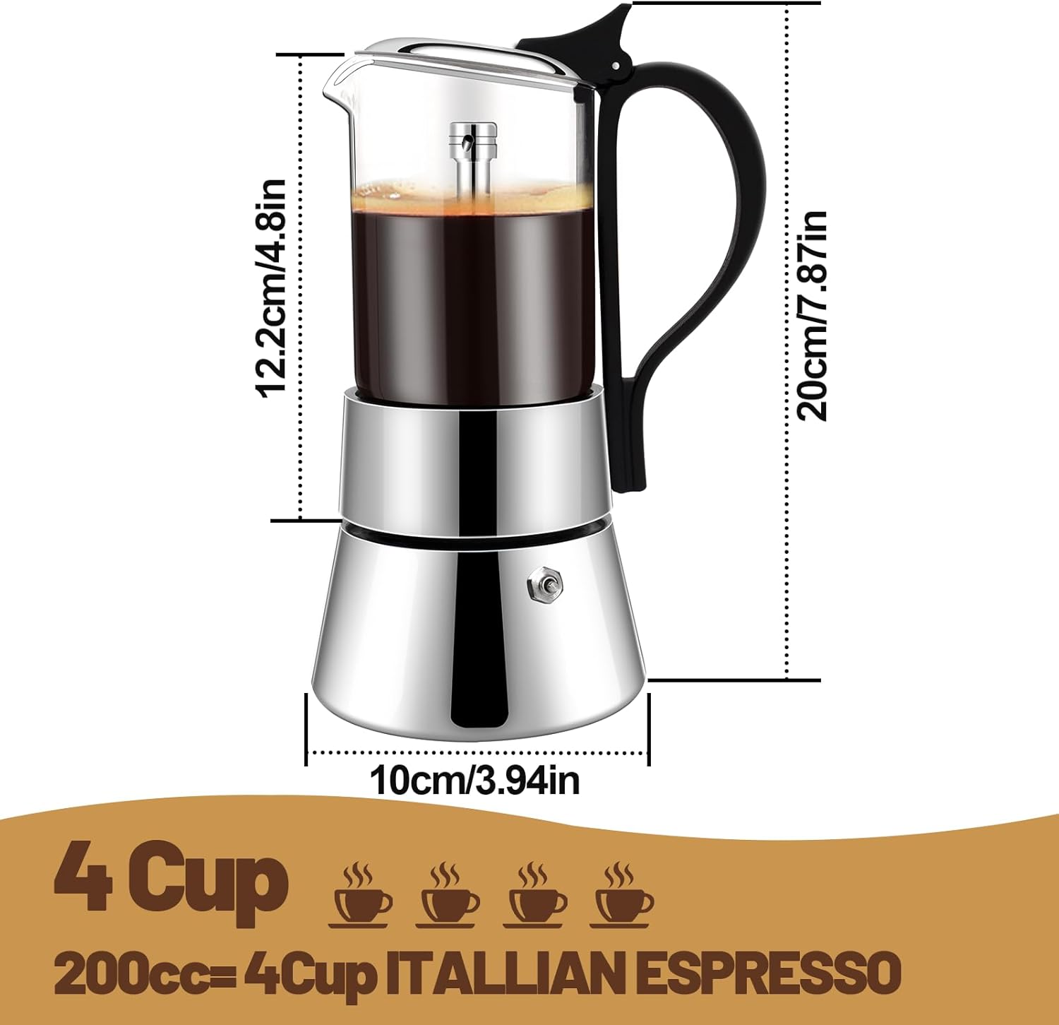 4 Cup 304 Stainless Steel Transparent Glass Moka Pot & 16cm/6.3in Induction Cooker Adapter Plate Stainless Steel Heat Sink