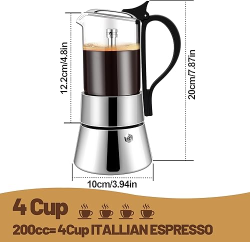 Miniatura 2 de Olla de vidrio transparente de 4 tazas de acero inoxidable sin recubrimiento, cafetera italiana, cafetera moca greca, cocina clásica de inducción