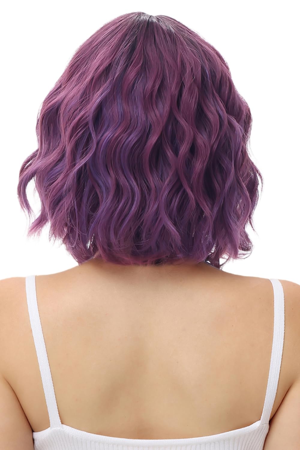 Yamel Wavy Bob Wig with Bangs Ombre Purple Wig Synthetic Hair Shoulder Length Short Curly Wigs for Women 12 Inches - Image 3