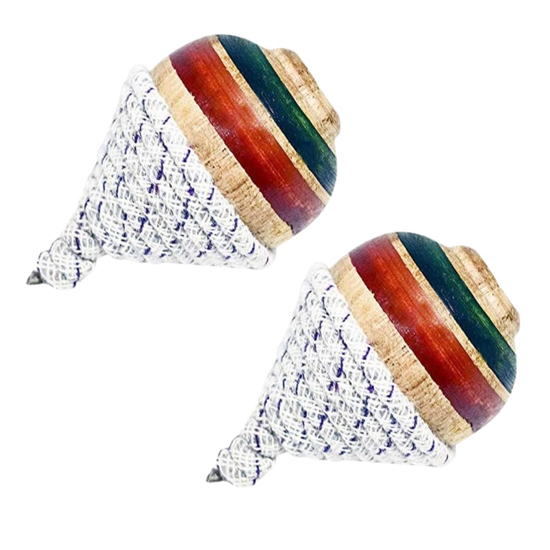 ScentRose Set of 2 Traditional Wooden Spinning Tops lattoo/Bambaram/Buguri/Bongaram/Bhavra with Long String, Assorted - Multi Color | Made in India (Pack of 2)