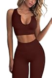 Workout Outfits for Women 2 Piece Ribbed Seamless Crop Tank High Waist Yoga Leggings Sets