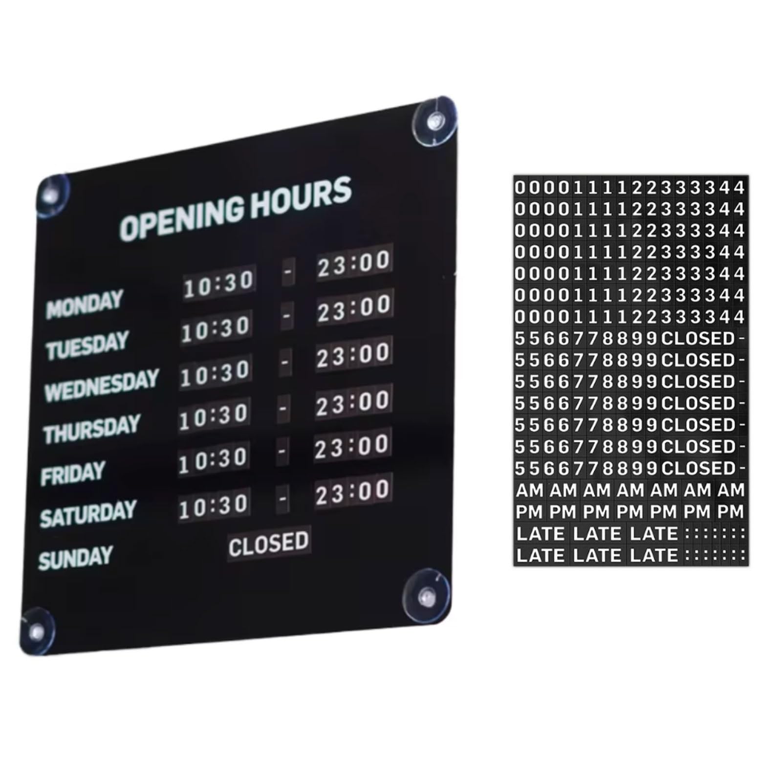 Metalowy znak godzin pracy do witryn sklepowych, tablica informacyjna z godzinami otwarcia z numerami magnetycznymi, tablica harmonogramu wielokrotnego użytku i wymienna z przyssawkami do okna(Black)
