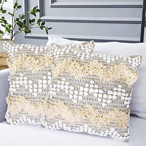 Image of Cushion - Boho Handloom Cotton Cushion Covers - Set of 5, Square Decorative Pillows Sofa, Couch, Chair, Kitchen, Bedroom, Room, Office, 16x16 Inches, Stylish Design