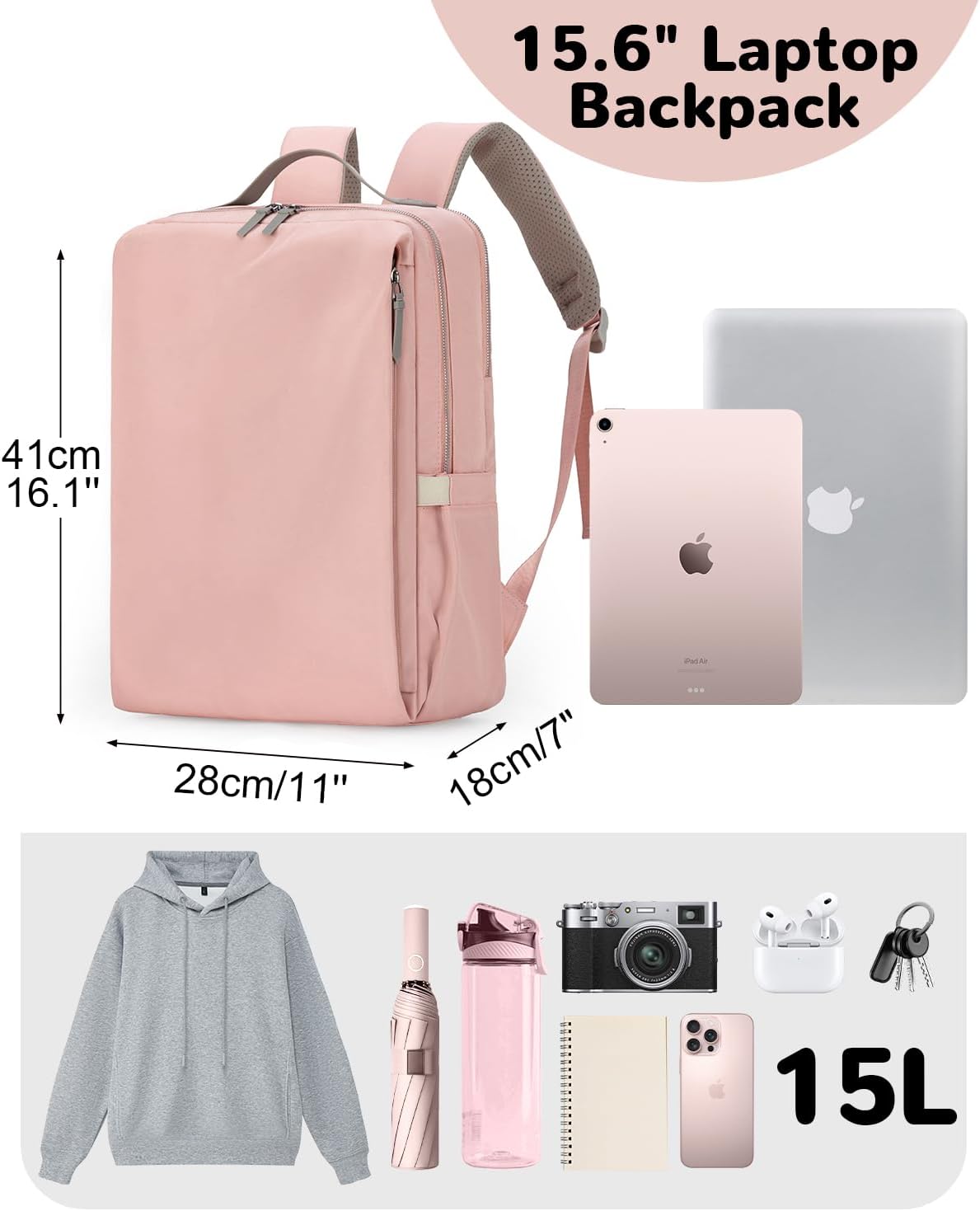 15.6" Simple Laptop Backpack with Luggage Strap for Women, Rose Pink Travel Backpack for Airplane