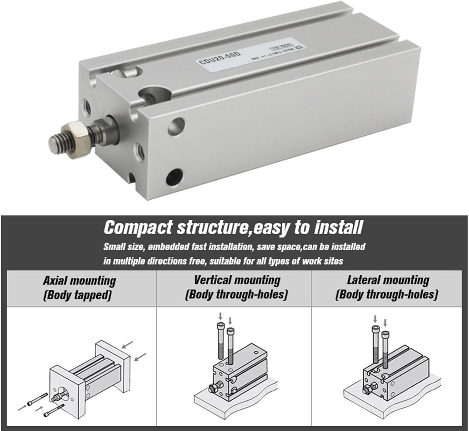 CDU20 CU20 Free Mount Cylinder Double Acting Single Rod Bore 6mm Stroke 5-60mm CDU/CU20-5D/10D/15D/20D/25D/30D/40D/50D 1Pcs(Stroke 10mm,CU20)