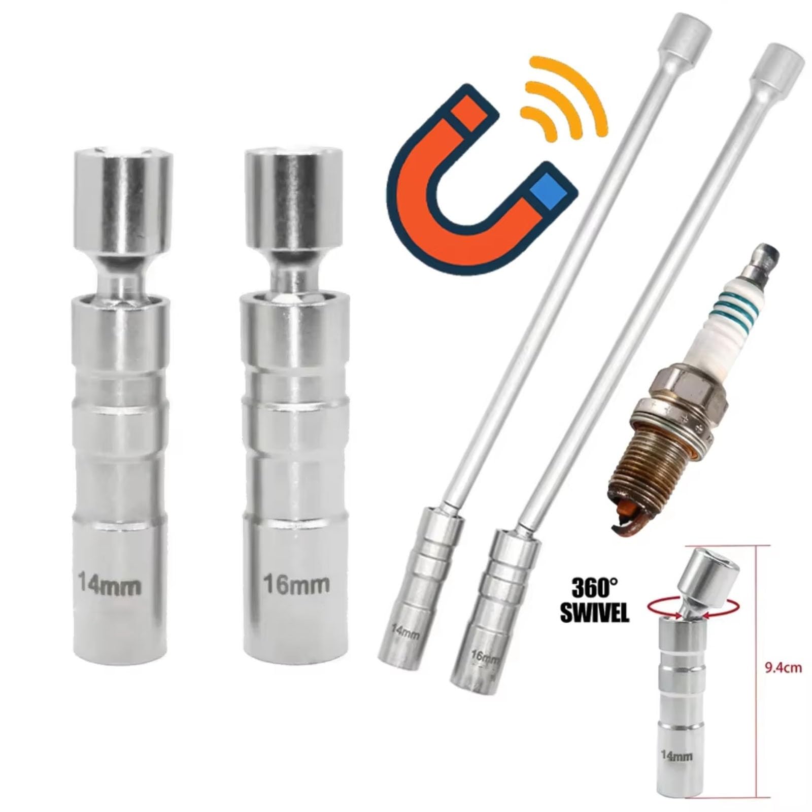 Llaves de bujías Imán 14mm 16mm para Herramienta Extracción Bujías Manguito Llave Inglesa De Vela Giratoria Herramientas De Enchufe De Extensión Larga(1set)