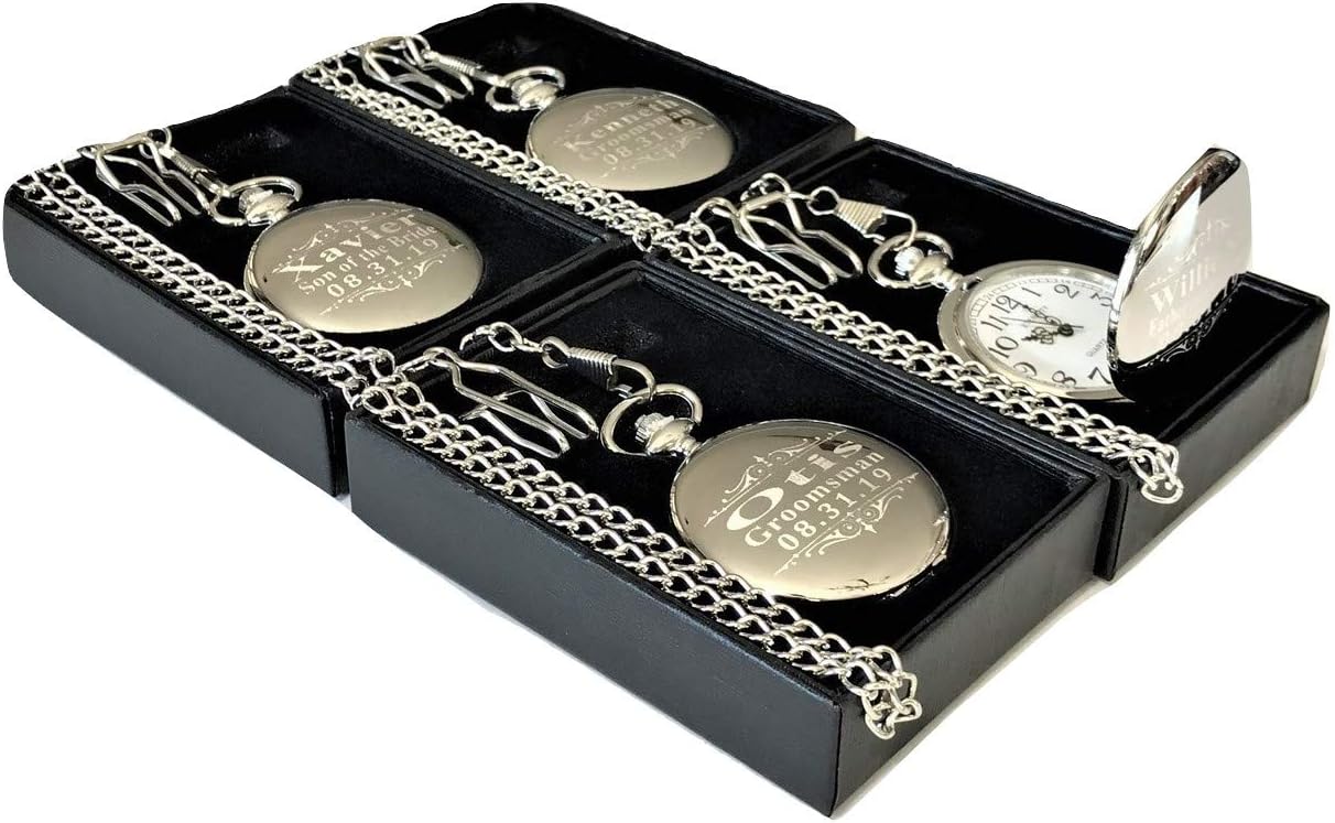 4 Custom Engraved Pocket Watches - Gift Set for His or her Wedding Set - Groomsmen Personalized Watches with Chain and Box Included - Engraving Included