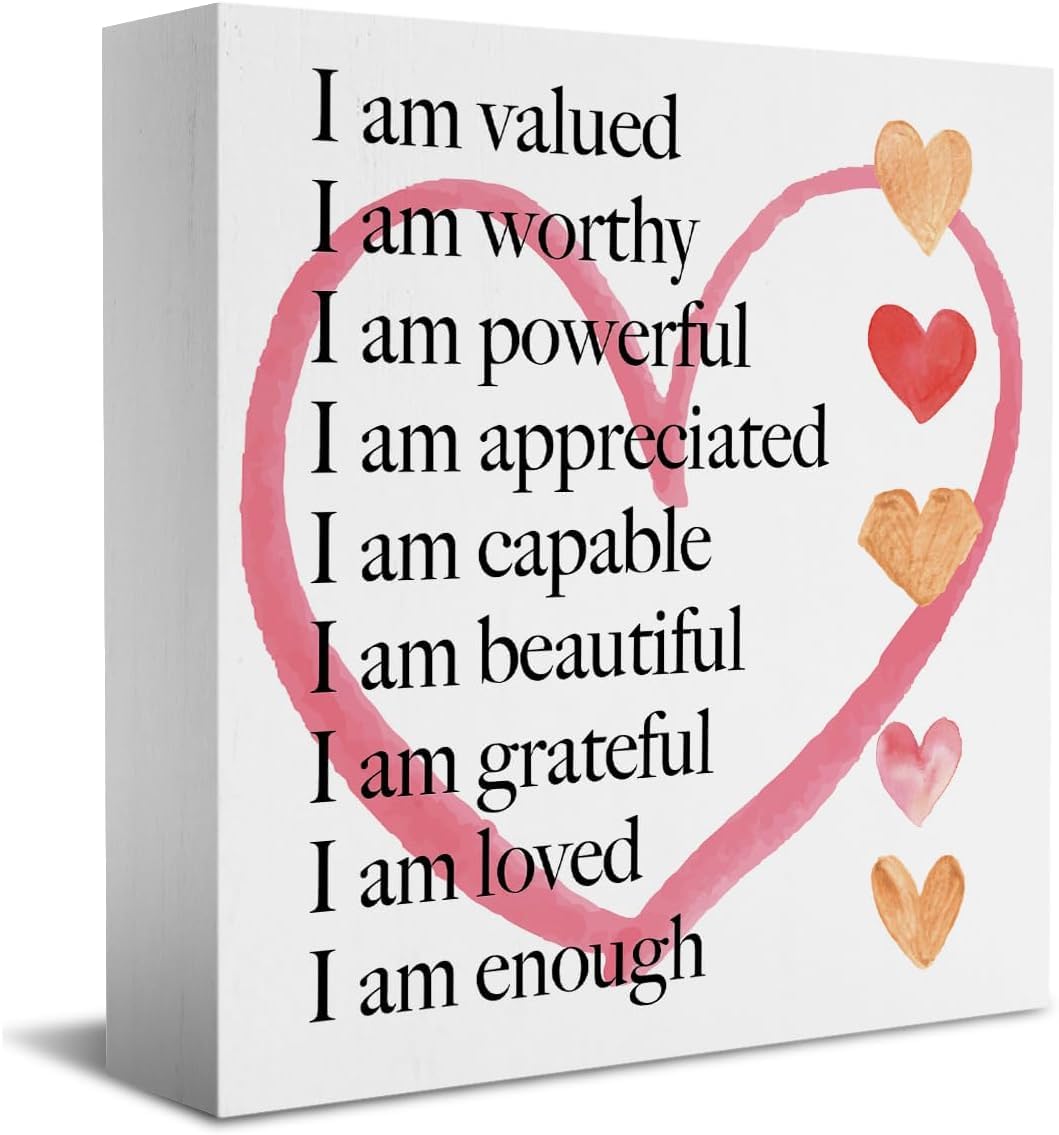 7x7 Inch Inspirational Box Sign, I Am Affirmation Heart Decor