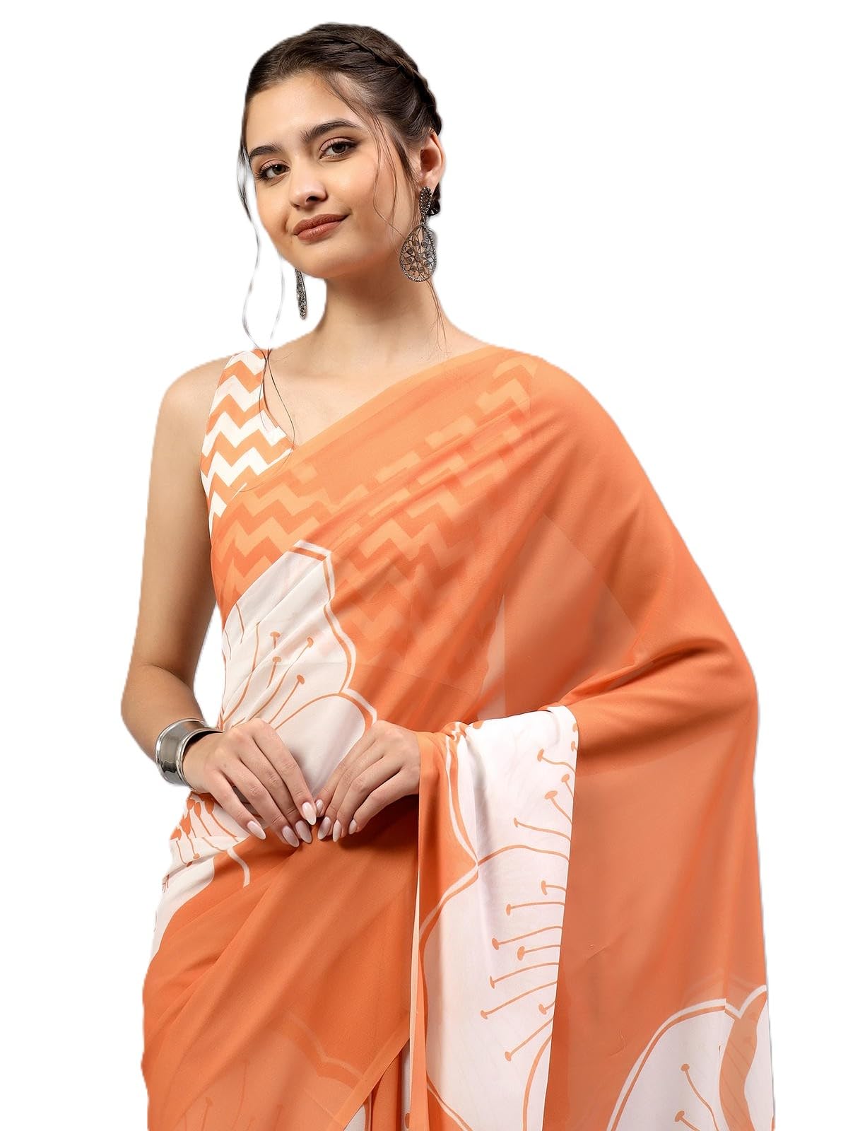Womens White Floral Printed Georgette Saree With White Solid Georgette Unstitched Blouse-image-39