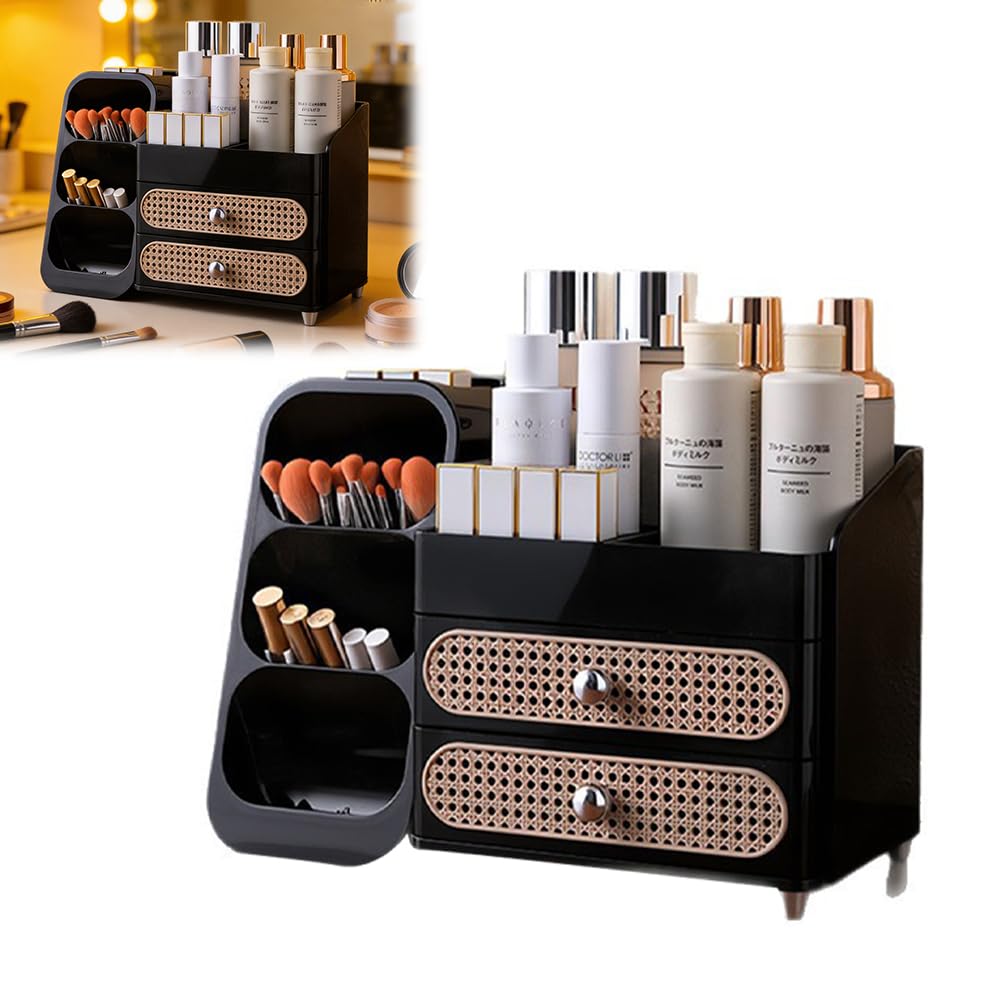 Organizer per trucchi con 2 cassetti, organizer per la cura della pelle, antiscivolo, porta pennelli per cosmetici, profumi, palette di ombretti, smalti per unghie