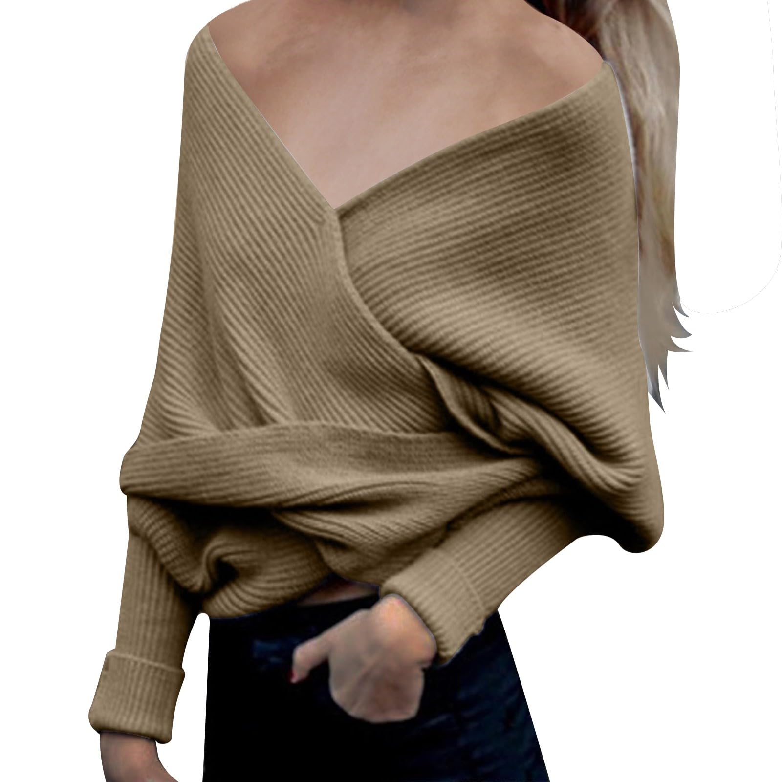 Akklian Women's Wrap V Neck Sexy Off Shoulder Cropped Sweaters 2024 Fall Long Sleeve Cross Front Trendy Knitted Pullover Tops