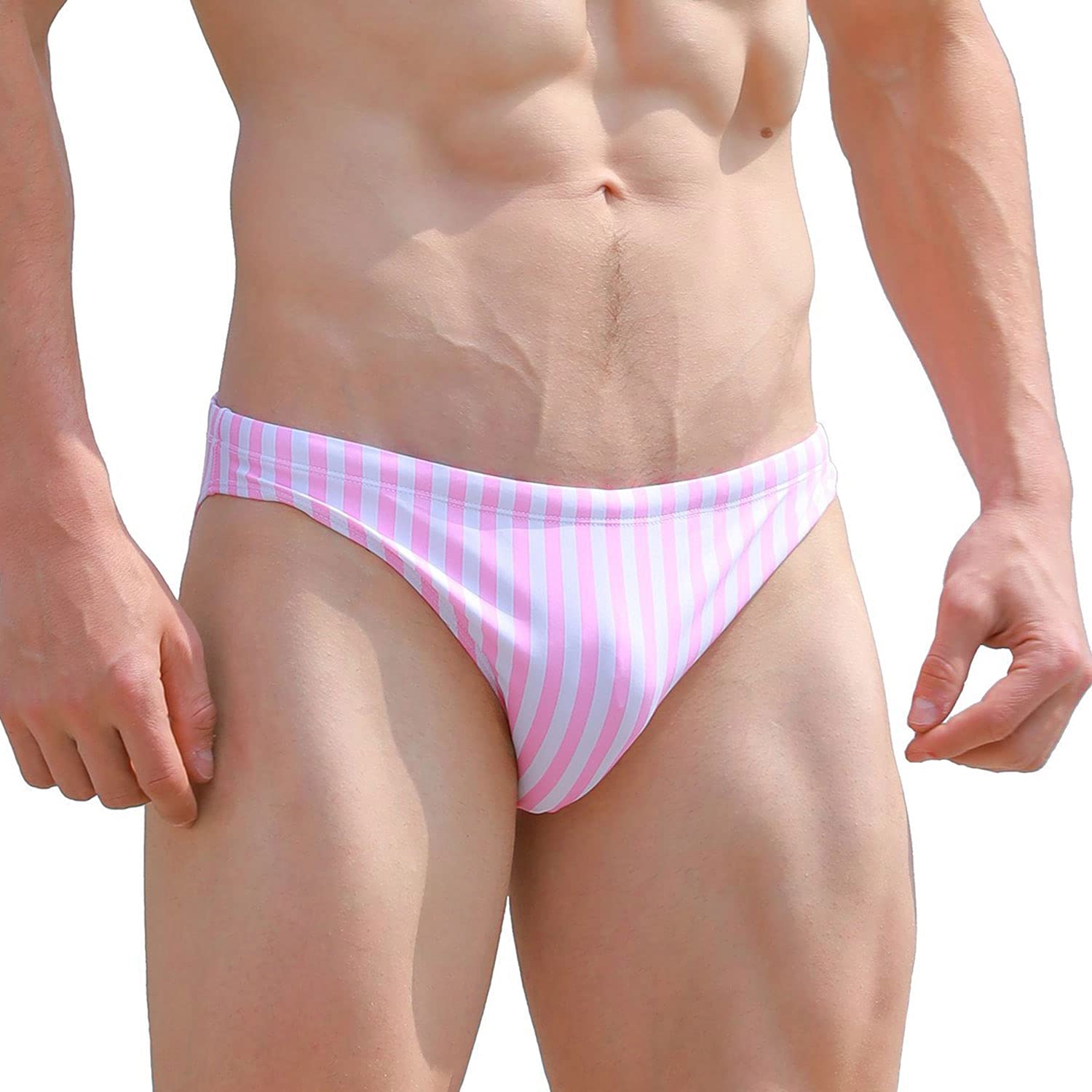 Mens Swim Briefs Bikini Swimwear Sexy Bathing Suit Striped Boardshorts Stretch Swimsuit Quick Dry (2111-Pink Striped-M)-image-44