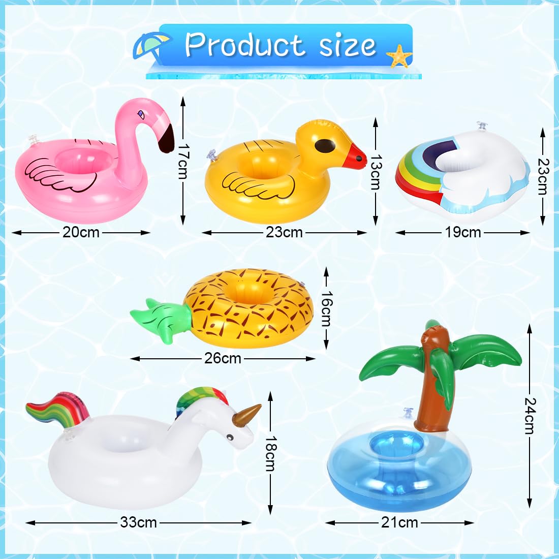 VFANDV – Set De 6 Porte-gobelets Gonflables (licorne, Flamant, Ananas, Etc.) + Pompe – Piscine, Plage, Bain