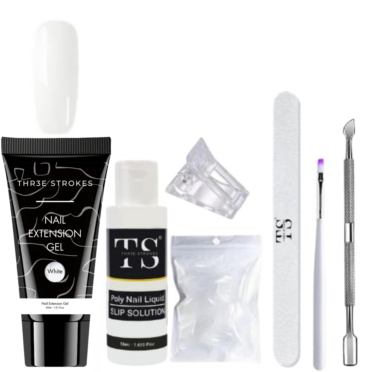 Nail Extension Kit Poly Gel Nail Art Tube with Slip Solution, 20 Nail Moulds, Nail Clip, 1 Buffer, 1 Cuticle Pusher & 1 Brush Solid Nail Decoration Enamel Nails Tip Enhancement Set for Women (WHITE) (SIMPLE)-image-3