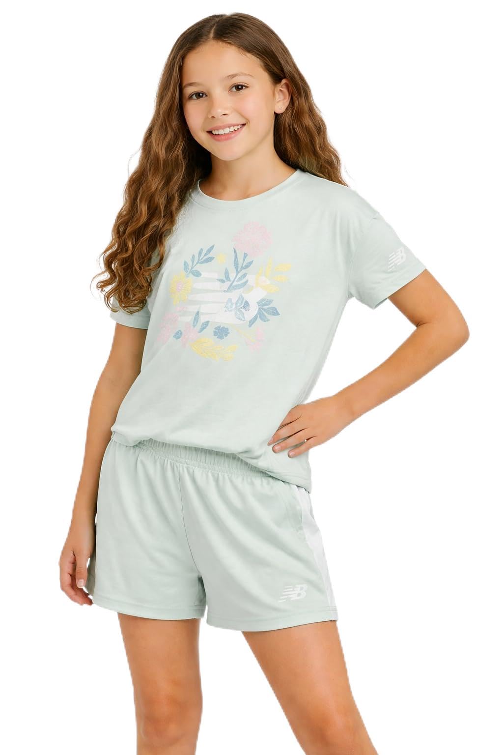 New Balance Girls 2 Piece Short Sleeve Shirts &amp; Fleece Gym Shorts Set