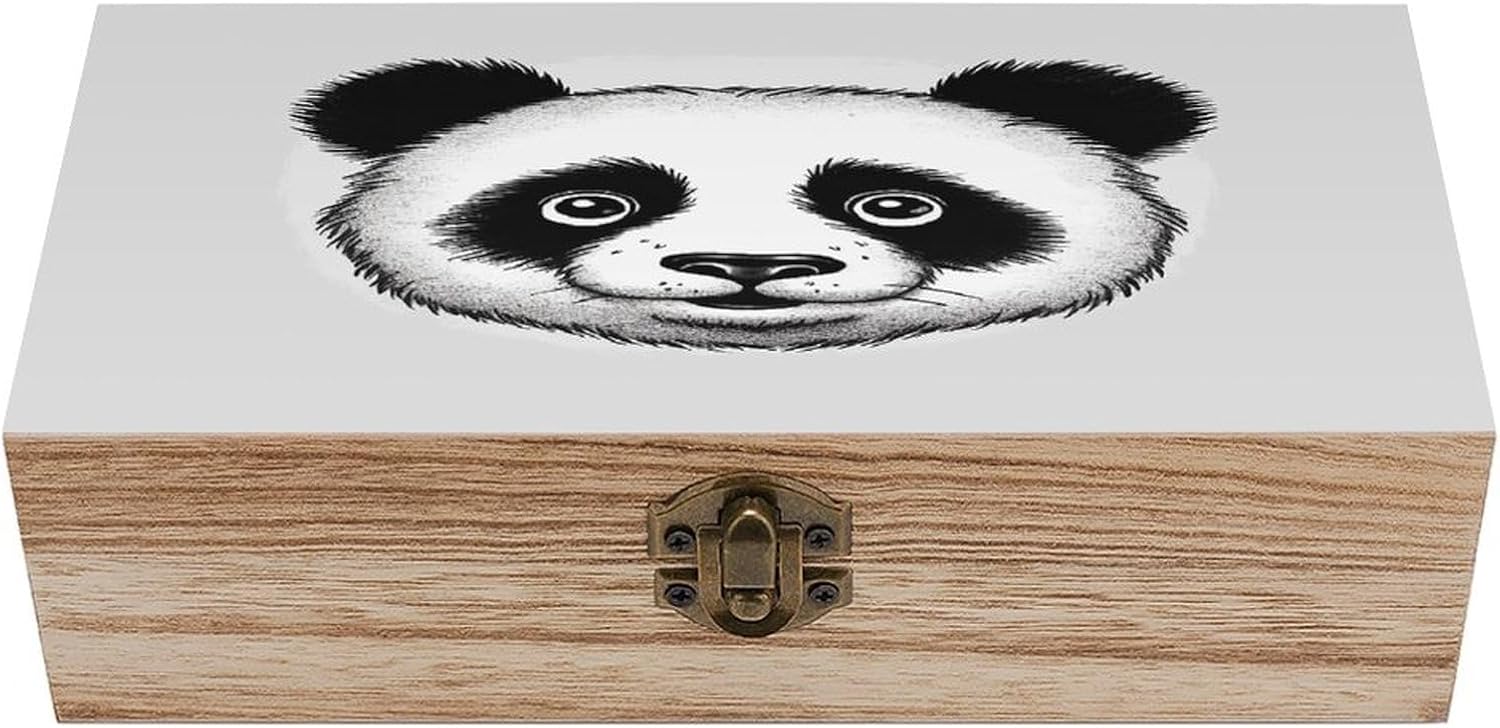 Anime Panda Face Wood Storage Box Personalized Wooden Keepsake Box with Hinged Lid Memory Boxes for Jewelry Decorative Storage Bin Bridal Shower Gift 7.9" X 3.9" X 2.3"