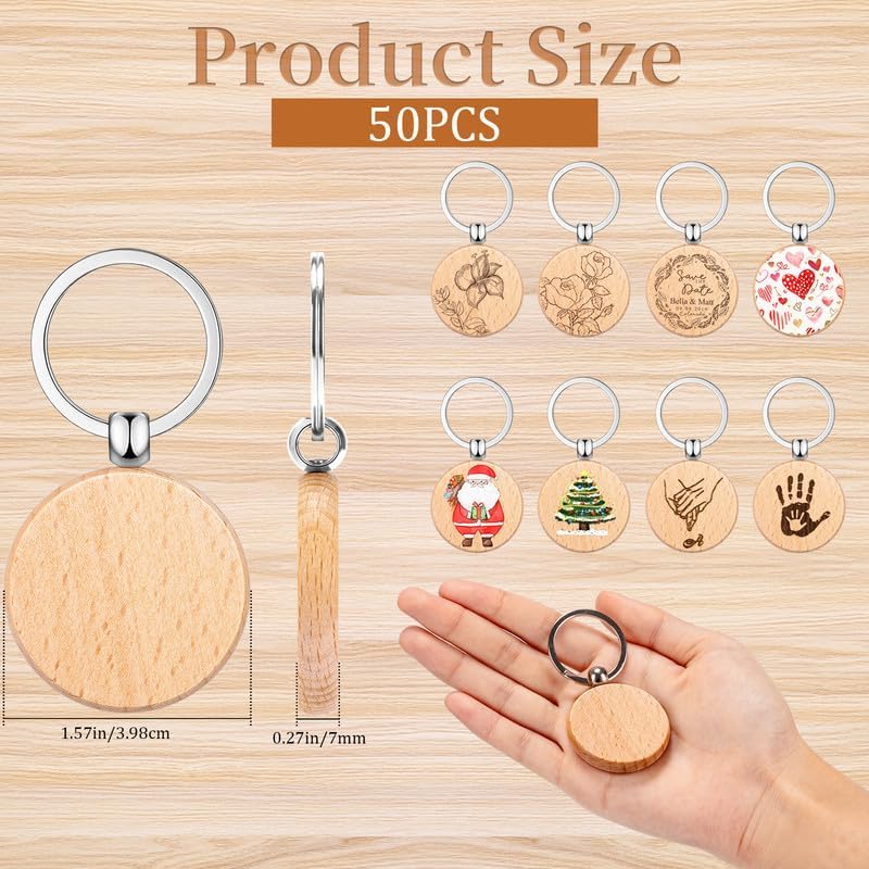 Miniatura 2 de Yangbaga 50 piezas de madera natural, llaveros de madera sin terminar para grabado de arrendamiento, manualidades de Navidad, círculos de madera