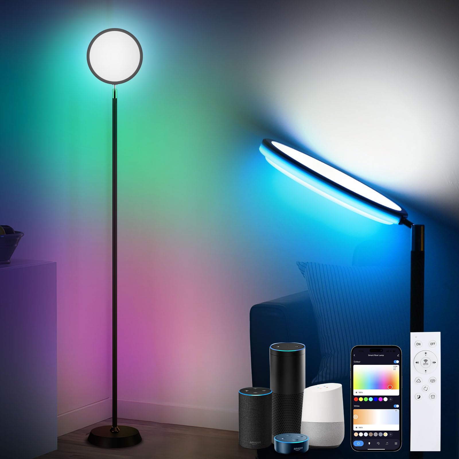 Lampada Da Terra LED Smart Con App, Compatibile Con Alexa E Google Assistant, 16 Milioni Di Colori, Musica Sincronizzata, Timer, Per Soggiorno E Camera