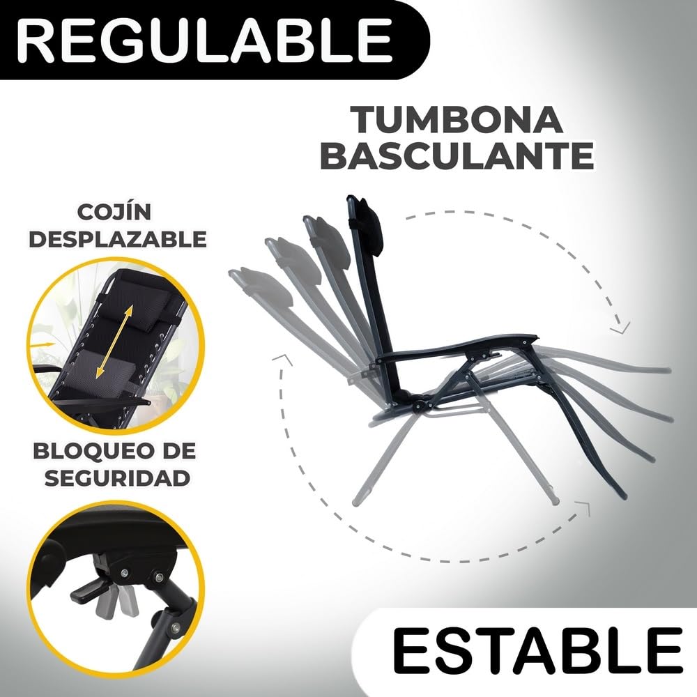 LOLAhome 2 sillas Gravedad Cero Camping jardín y terraza, reclinables, Bloqueo de Seguridad, Estructura Acero y Asiento Lona Oxford poliéster 3D Negras