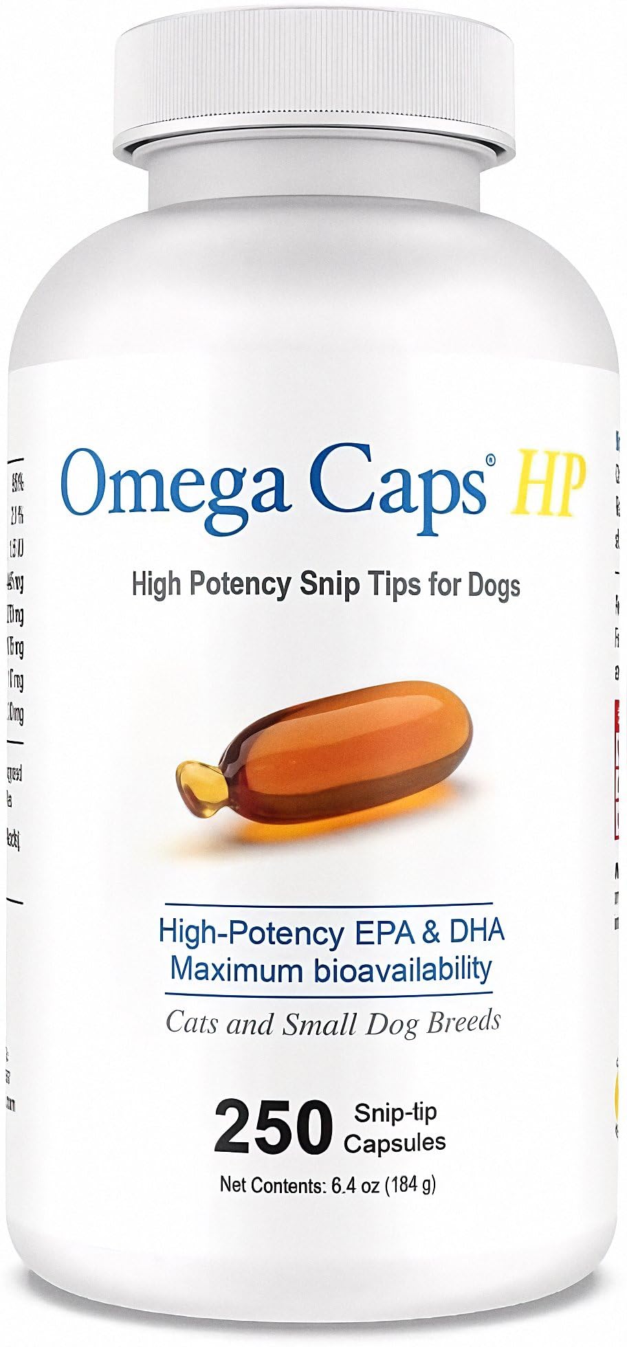 Omega Caps HP Snip Tips for Cats and Small Dogs High Potency EPA and DHA Maximum Bioavailability Fish Oil Supplement Vet Formulated Made in USA Skin