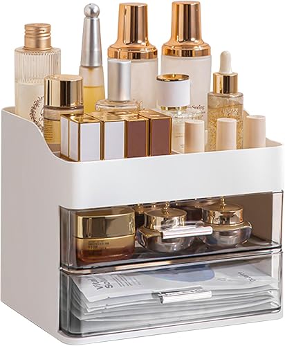 DASITON Organizador de maquillaje con 2 cajones, organizadores de cosméticos de maquillaje de gran capacidad para tocador, tocador de baño,