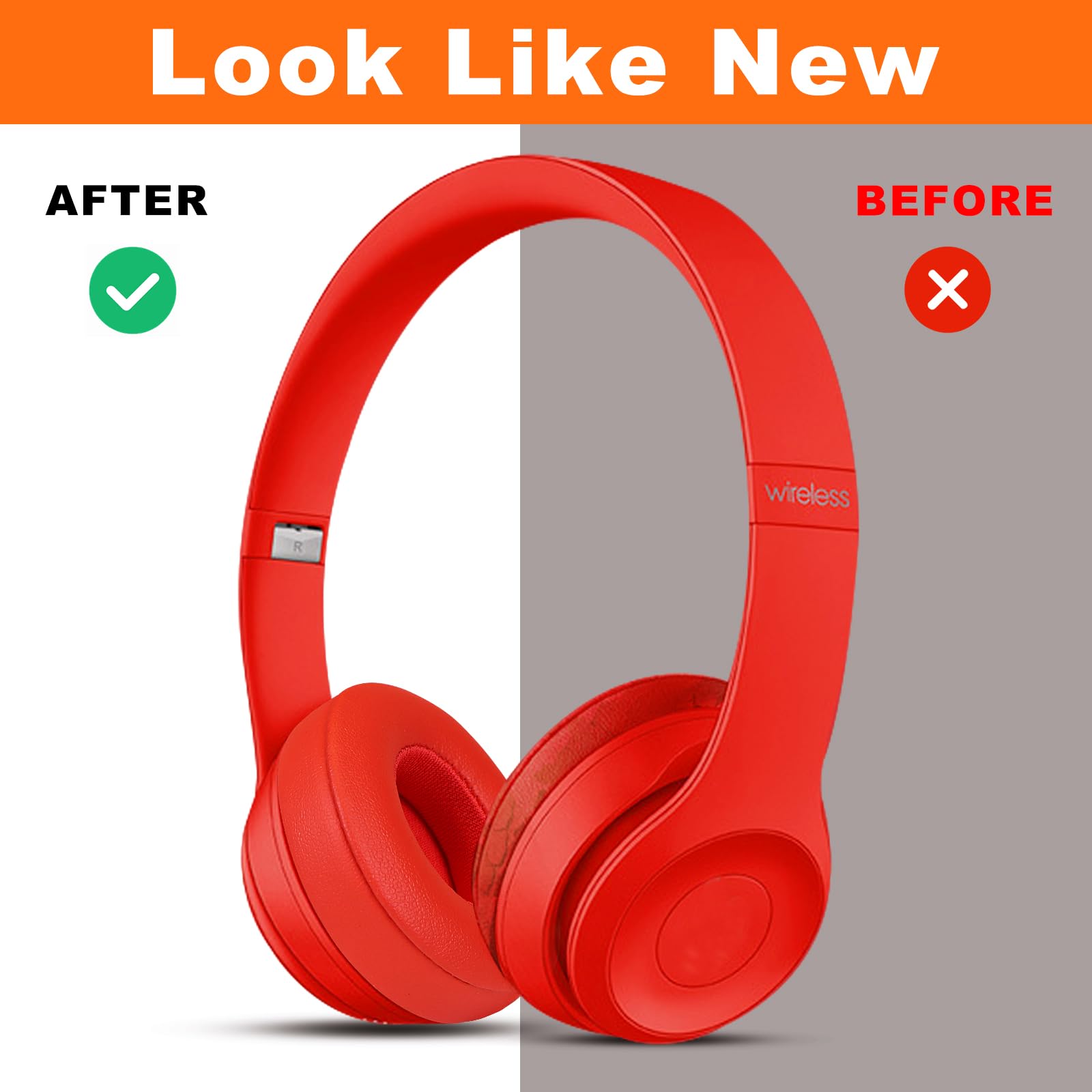 SINOWO Earpads Replacement for Beats Solo 2 & Solo 3 Wireless On-Ear Headphones,Solo2 Solo3 Ear Pads Cushions with Noise Isolation Memory Foam,Soft Protein Leather(Citrus Red) - Image 4