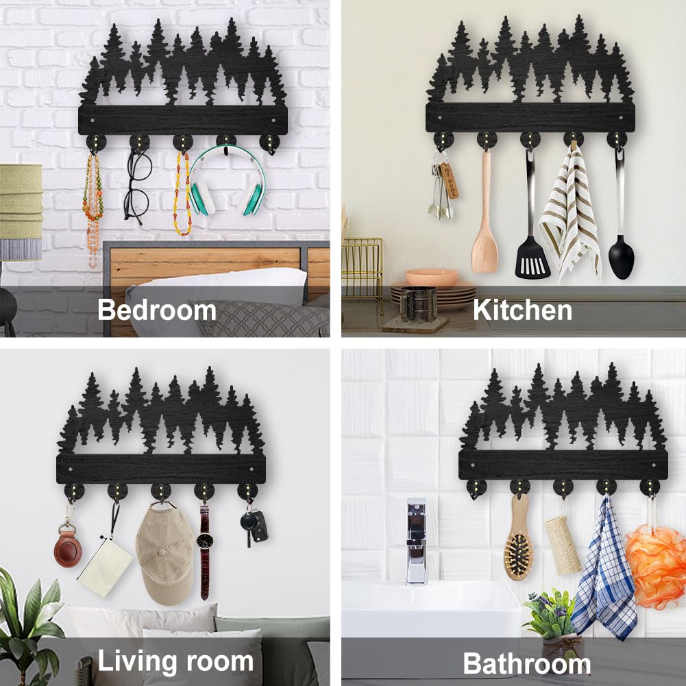 MAYJOYDIY Perchero de pared de 30 x 20 cm, madera densa, árbol de bosque, decoración de pared, soporte para llaves para pared, 5 ganchos de aleación, gancho negro, gancho de pared para sombrero,