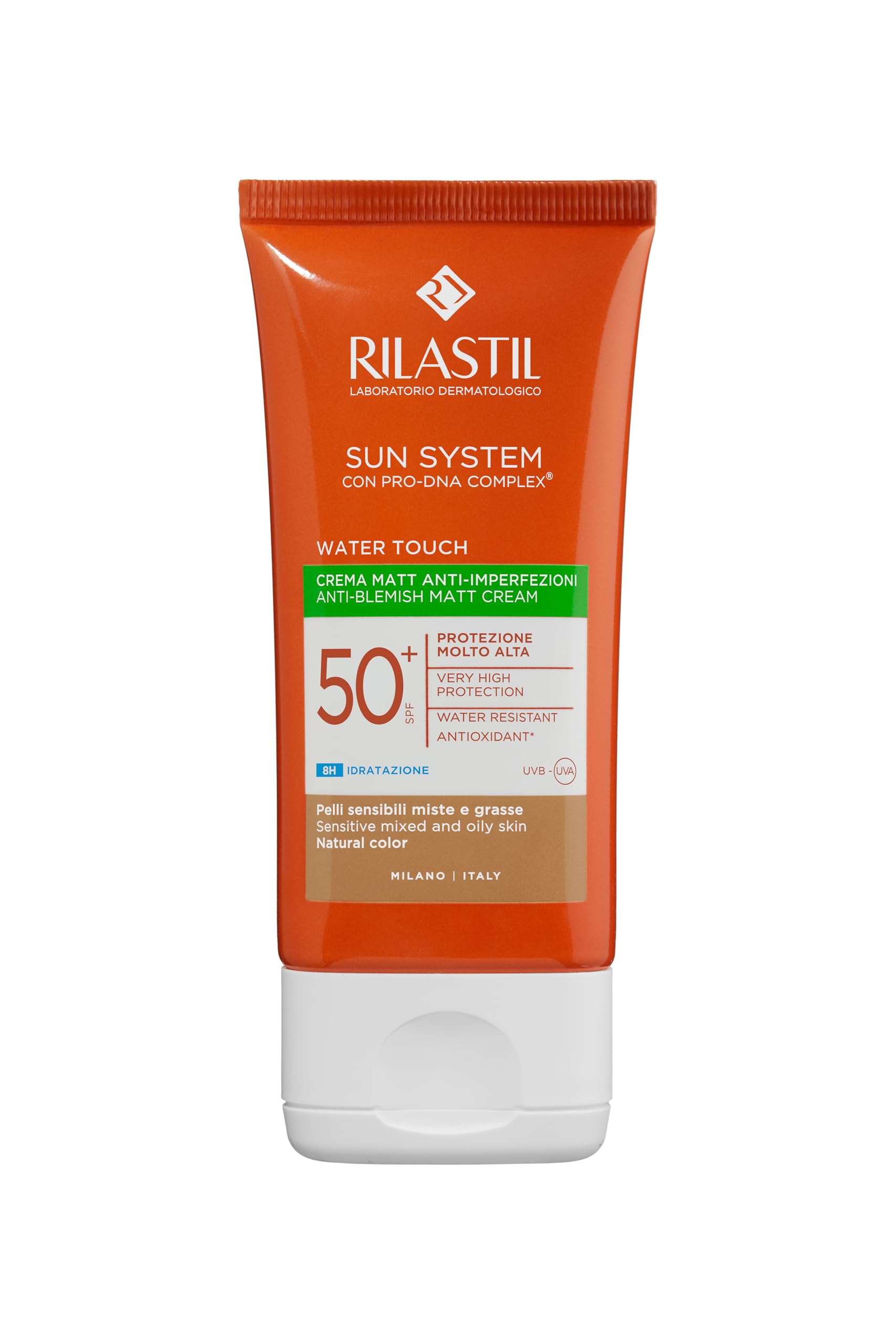 Rilastil Sun System Water Touch Matt Sonnenflüssigkeit für das Gesicht, gefärbt, seidiger und matter Effekt, LSF 50+, empfindliche Haut, 50 ml