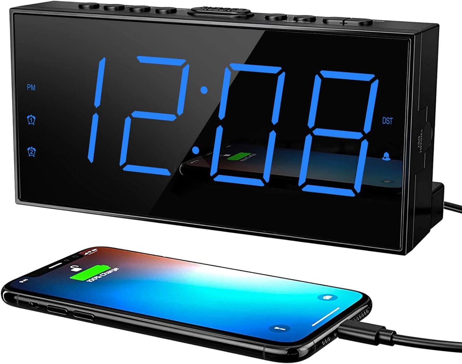 Digital Alarm Clocks with USB Charger for Bedrooms, Electric Loud Alarm