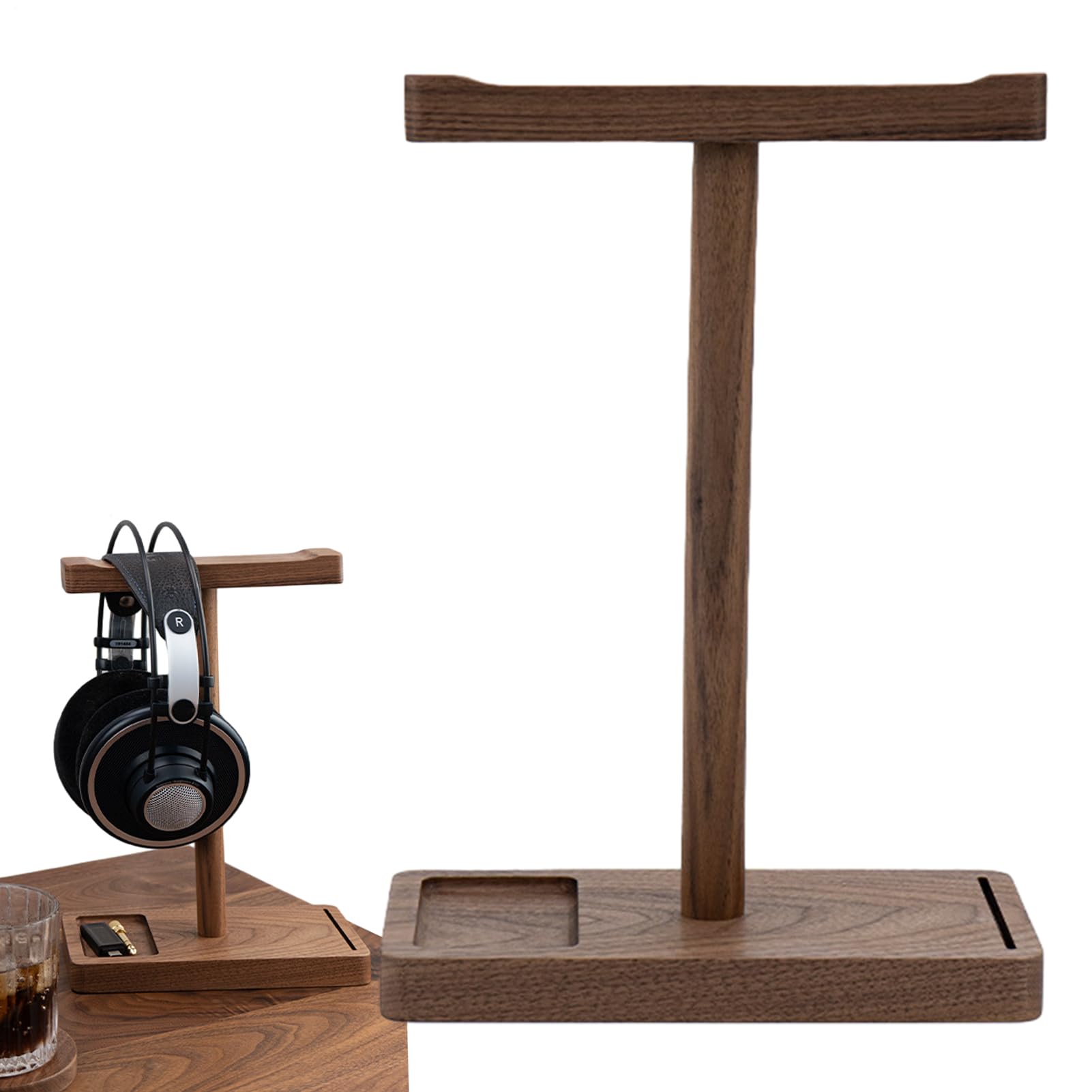 Supporto per cuffie in legno – Supporto da scrivania in noce nero | per cuffie da in legno massiccio | Organizzatore di audio elegante per la configurazione dello studio di ufficio,