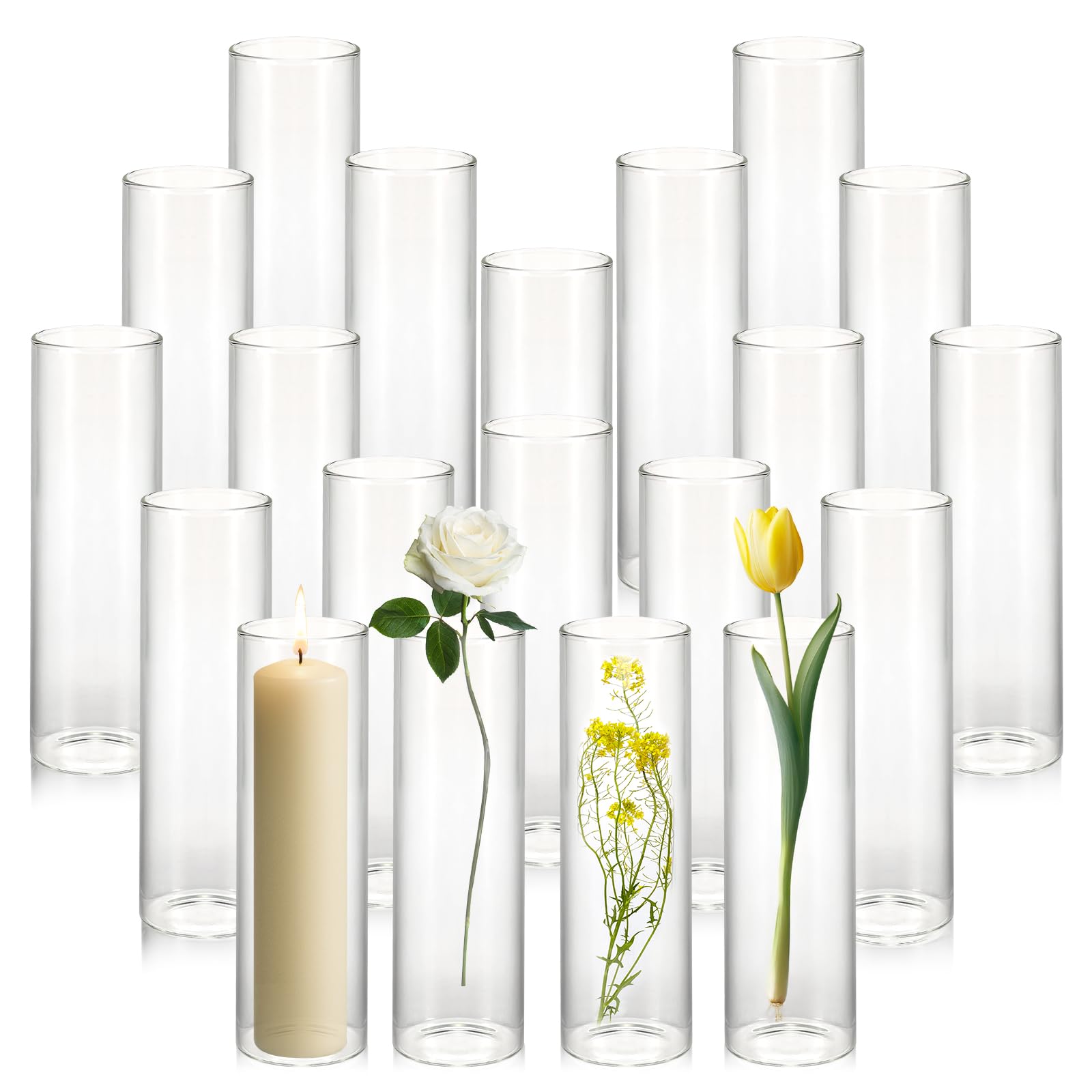 20 pack 5.9" tall x 1.8" diameter clear glass cylinder vases - multi-use flower vase, hurricane & floating candle holders for wedding centerpieces, home decor, table displays