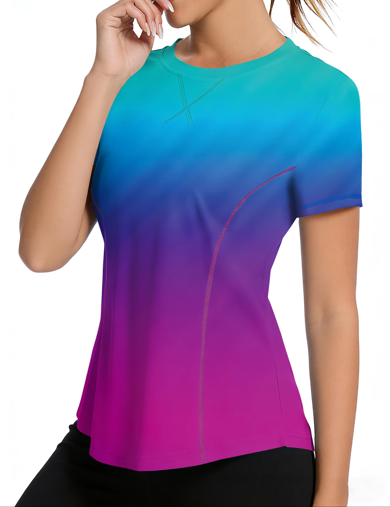 iWoo Sport-Shirt für Damen, kurzärmelig UPF 50+, leicht, atmungsaktiv, schnell trocknend, Outdoor Sportshirt, lockere Passform, Sportoberteil - 1