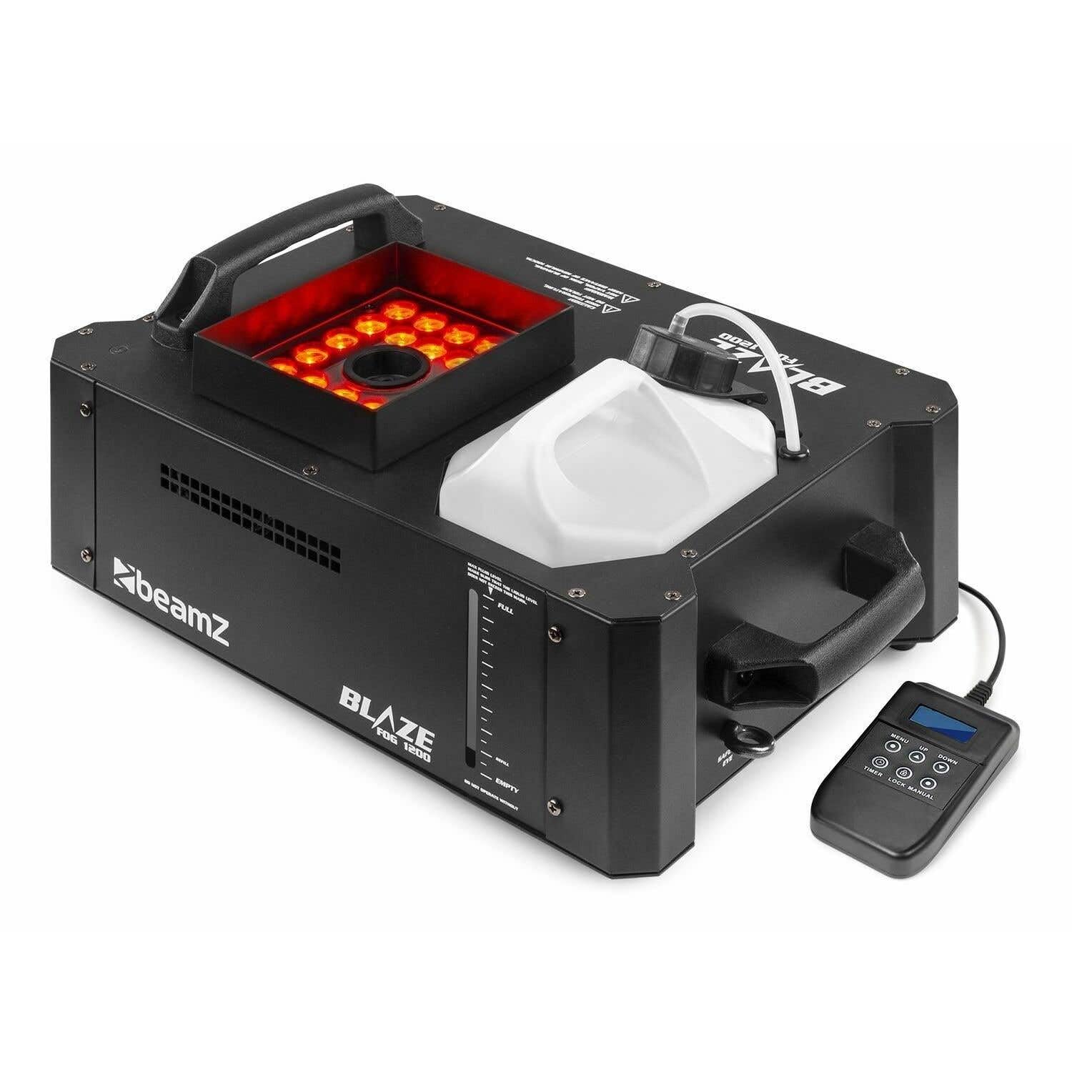 BeamZ BLAZE1200 Machine à Fumée LED 1200W avec 24 LEDs RGBA, Effet Geyser Vertical et Horizontal, Contrôle DMX 512, Modes Auto et Musical, Télécommandes et 5L de Liquide Inclus