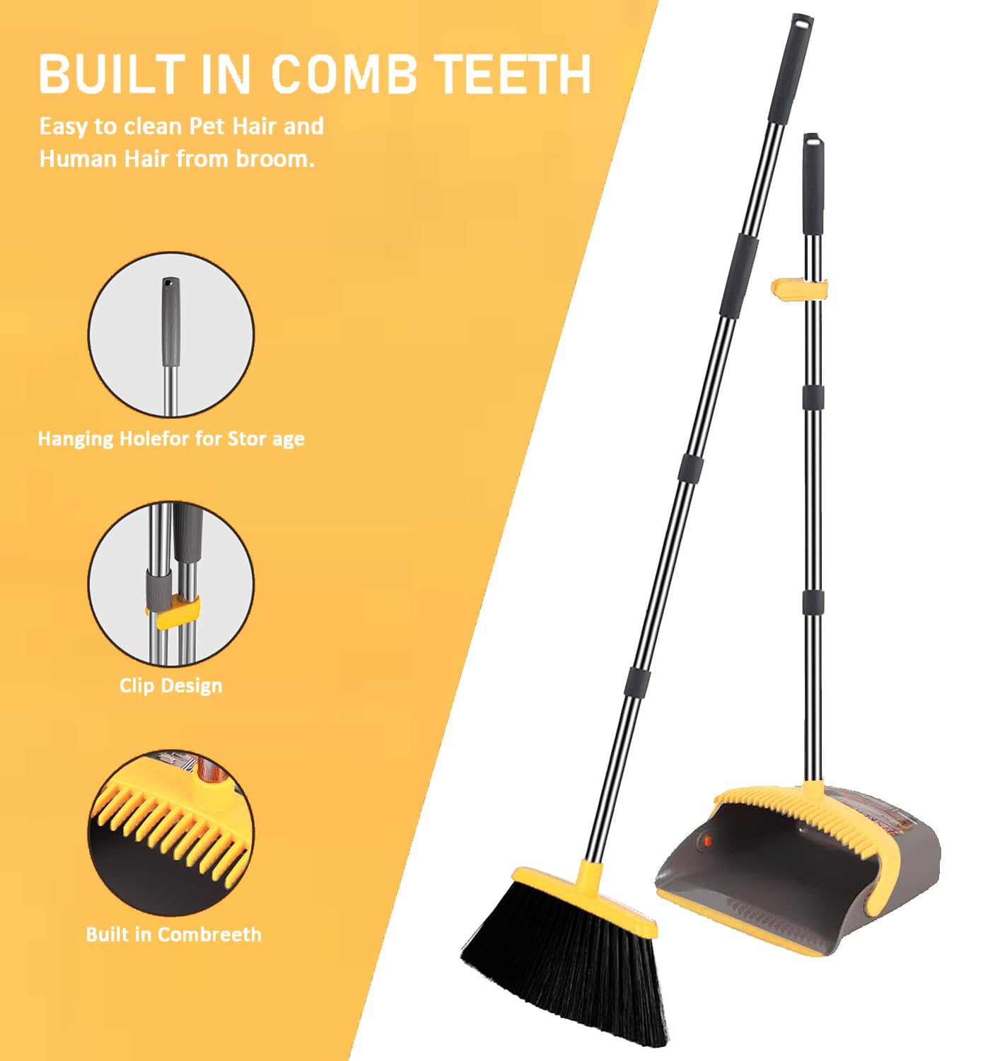 2er-Pack ist sparsamer, Besen mit Kehrschaufel-Kombi-Set, mit 132,1 cm langem Griff, Kehrschaufelzähne mit Selbstreinigungsfunktion, Kehren für drinnen und draußen, perfekt für Home Office (groß/gelb