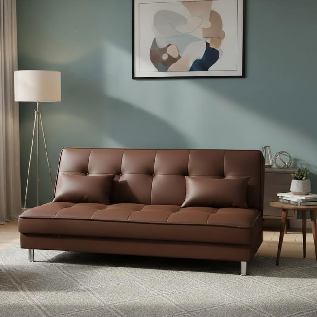 FURNY Gaiety 3 Seater Leatherette Sofa Cum Bed (Brown) Premium Finish | Durable Comfort | Ideal for Living Room