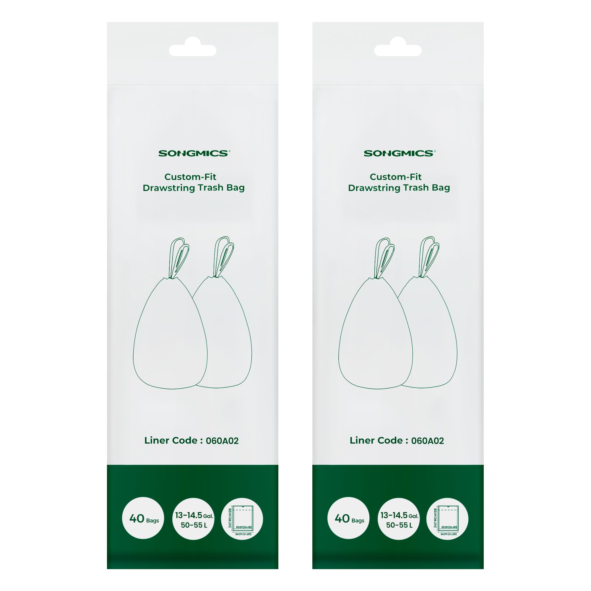 SONGMICSTrash Bags, Compatible with SONGMICS Motion Sensor Trash Can 13 Gallon, Drawstring Kitchen Garbage Bags, 20.5 x 36.2 Inches, 2 Rolls, 80 Count, White UKRB060A02