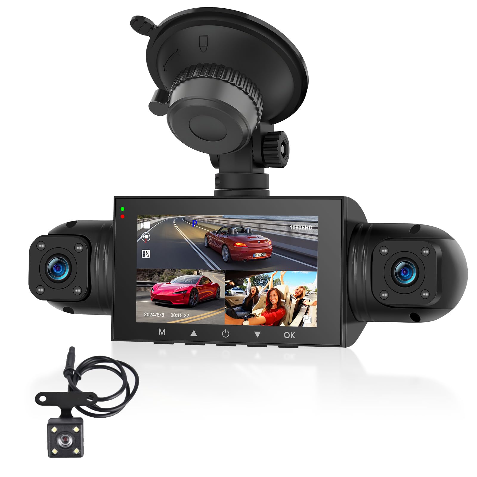 Podofo 360 Grados Dashcam, HD 1080P Cámara Frontal con Cámara Izquierda/Derecha/Trasera, 4-Canales G-Sensor Detección de Movimiento Grabación en Bucle Guía 24-Horas Modo Aparcamiento