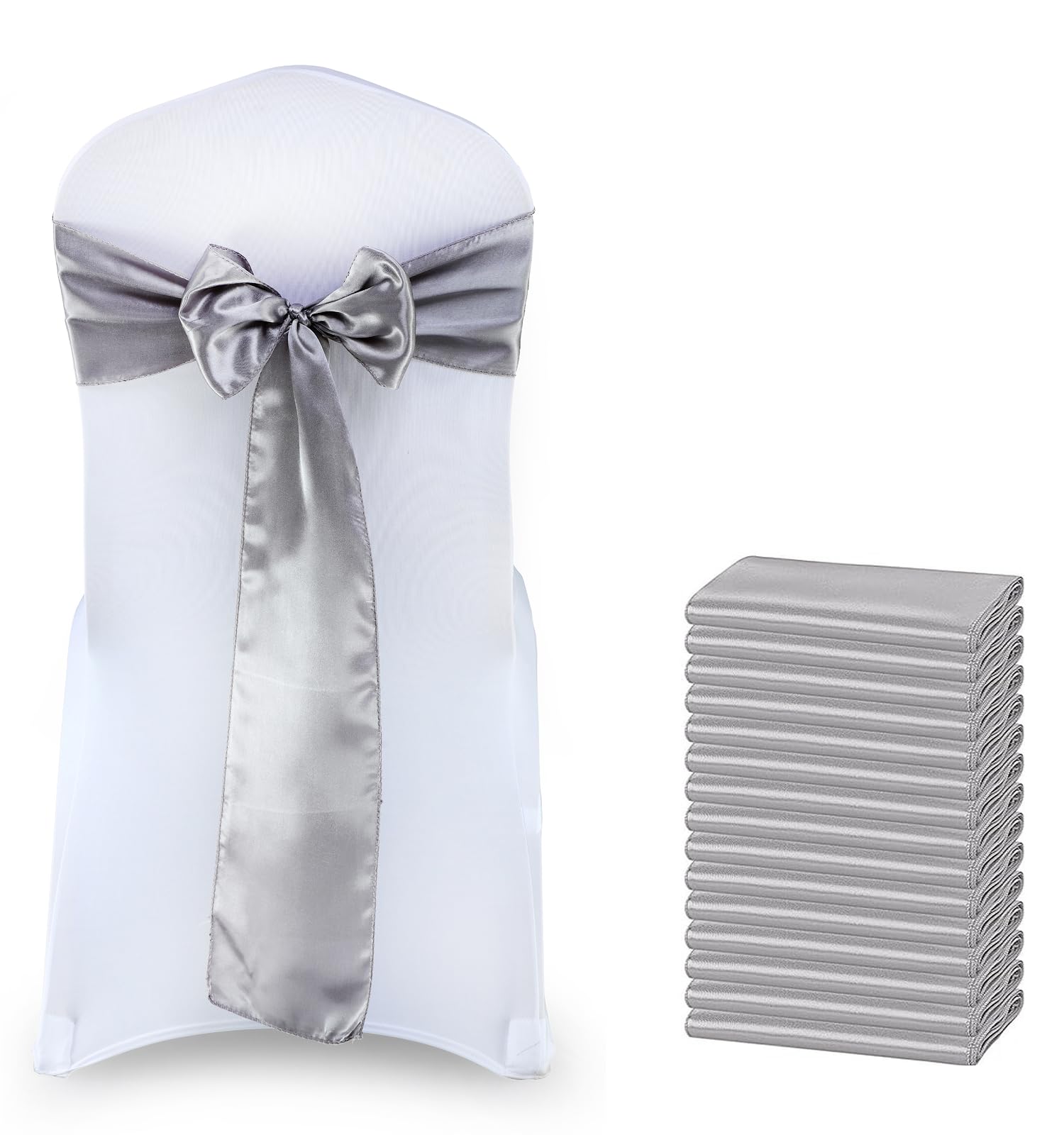 VDS Satin Chair Sashes Chair Cover Back Tie Sateen Bows Ribbon for Wedding Birthday Graduation Engagement Ceremony Event Party Banquet Venue Hotel All Dining Chair Decoration (150PC) (Silver Grey) — image 1