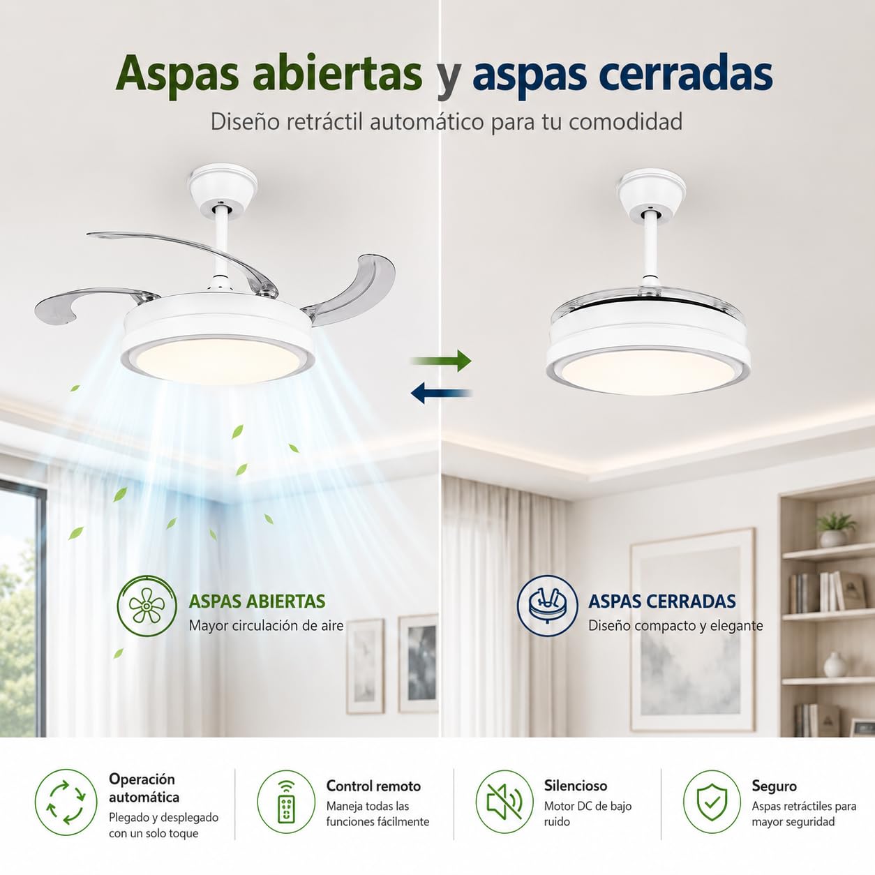 IluminaShop Ventilador de Techo con luz LED White-Faro Motor DC 30W+Luz 40W, Luz CCT Regulable y Control de Intensidad, Función Silenciosa, 6 Velocidades, 4 Aspas Retráctiles