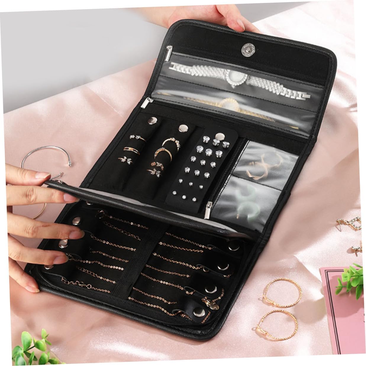 Foldable PU Jewelry Storage Organizer Roll Bag Portable Travel Pouch for Rings Earrings Necklaces Bracelets Compact Multifunctional Holder for Secure Jewelry Storage