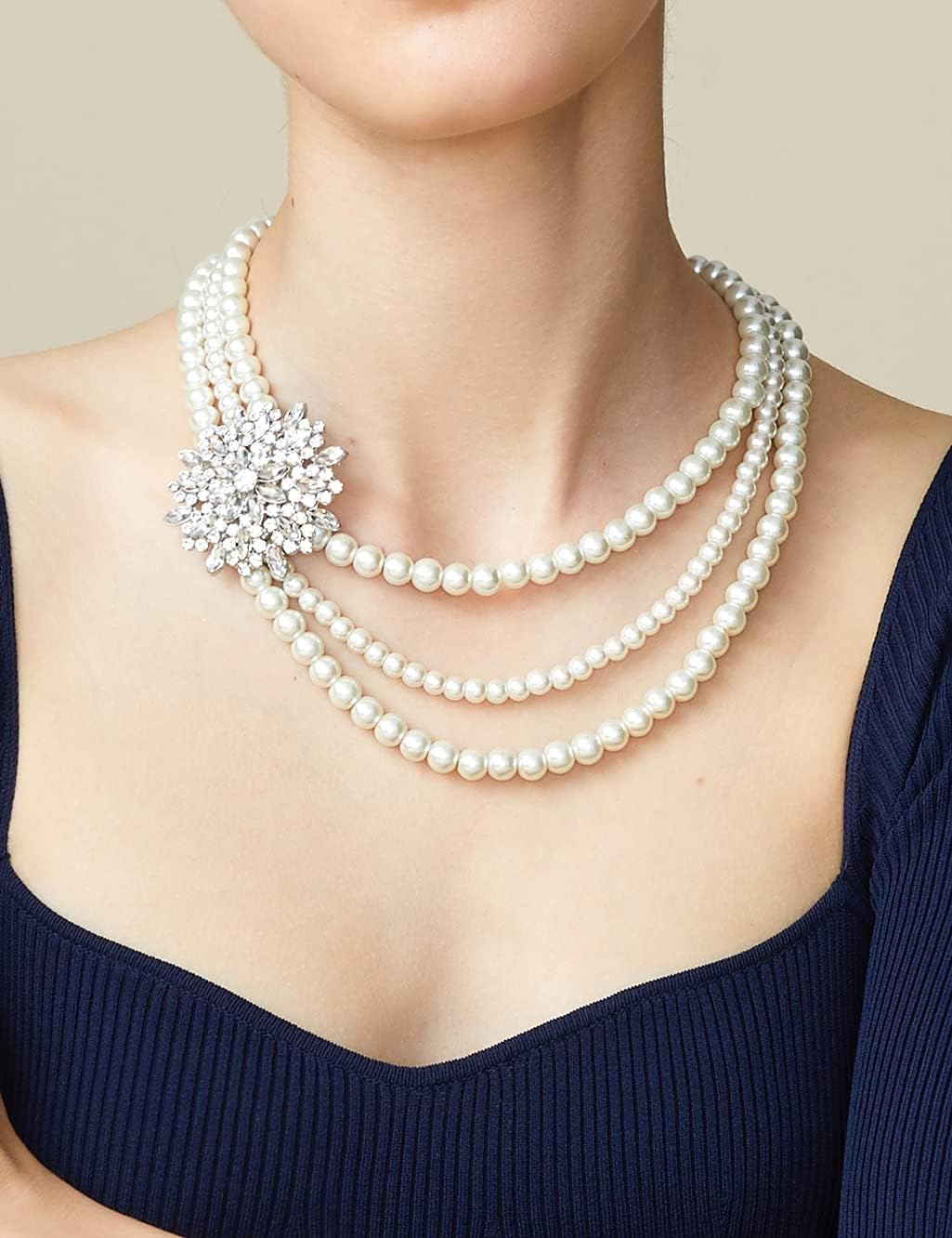 BABEYOND 1920s Gatsby Pearl Necklace Vintage Bridal Pearl Necklace Earrings Jewelry Set Multilayer Imitation Pearl Necklace with Brooch - Image 2
