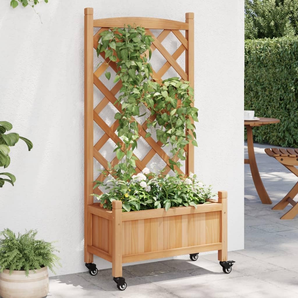 vidaXL Outdoor Planter with Trellis and Wheels - Brown Solid Fir Wood Flower Box, Ideal for Patio, Garden, and Balcony