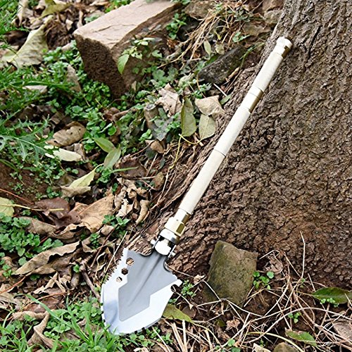 Testa della pala multiuso: con un apriscatole o apribottiglie, 2 fori di dimensioni chiave, una lama molto affilata su un lato e una lama per sega sull'altro lato. Regolabile nell'angolo della vanga, è possibile stringere l'albero ad angolo e avere una zappa da usare, anche facile e piccolo stoccaggio della pala pieghevole.