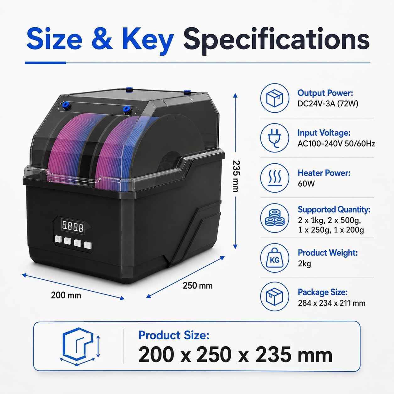 Caja secadora de filamento para impresora 3D, bobina doble, calefacción de 60 °C